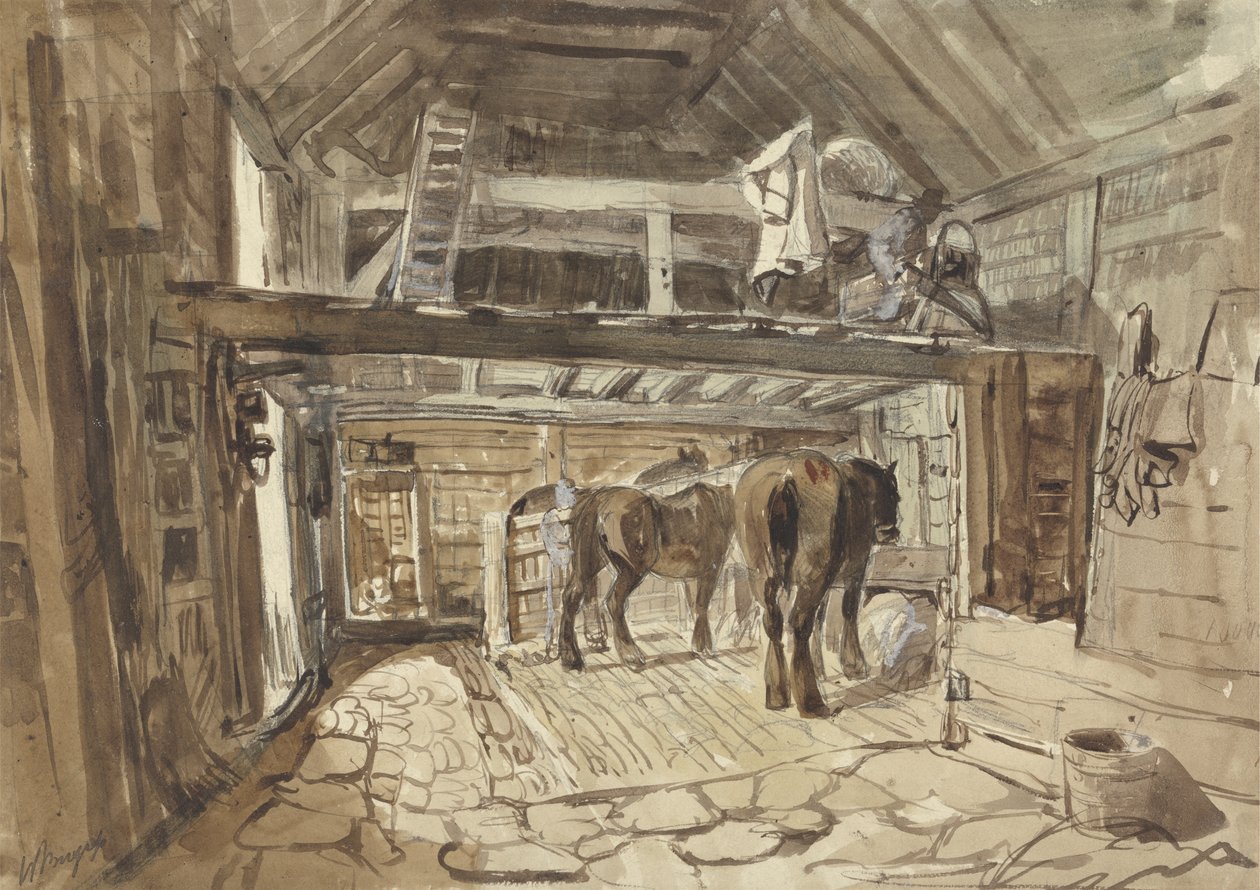 Tallin sisätilat, kaksi hevosta ruokkimassa (grafiitti, kynä ja muste, pesu paperille) tekijältä Henry William Burgess