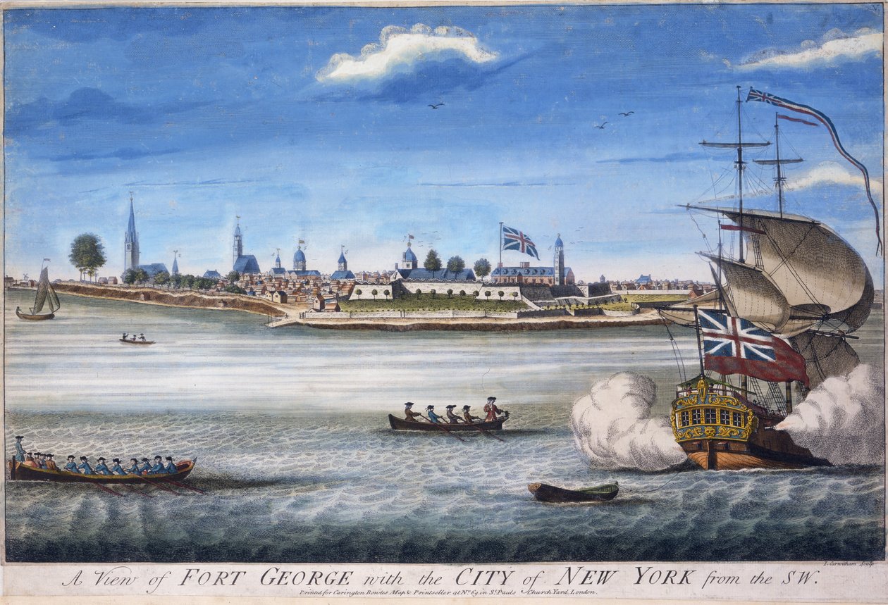 Näkymä Fort Georgesta ja New Yorkin kaupungista lounaasta, kaiverrettu John Carwitham, n. 1764 käsinvärjätty kaiverrus tekijältä William Burgis