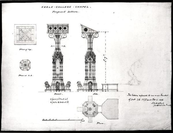 Suunnittelu puheenvuoroon, Keble College Chapel, Oxford, 1875-76 (musta muste, lyijykynä ja akvarelli) tekijältä William Butterfield