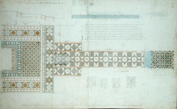 Suunnittelu jalkakäytävälle, Balliol College Chapel, Oxford, 1854-57 (musta muste, kynä ja wc paperilla) tekijältä William Butterfield