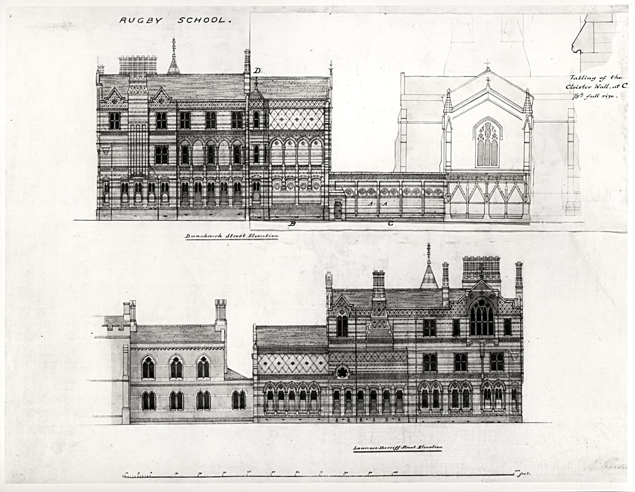 West and North Elevations, New School, Rugby School, 1867 (musta muste, kynä ja wc) tekijältä William Butterfield
