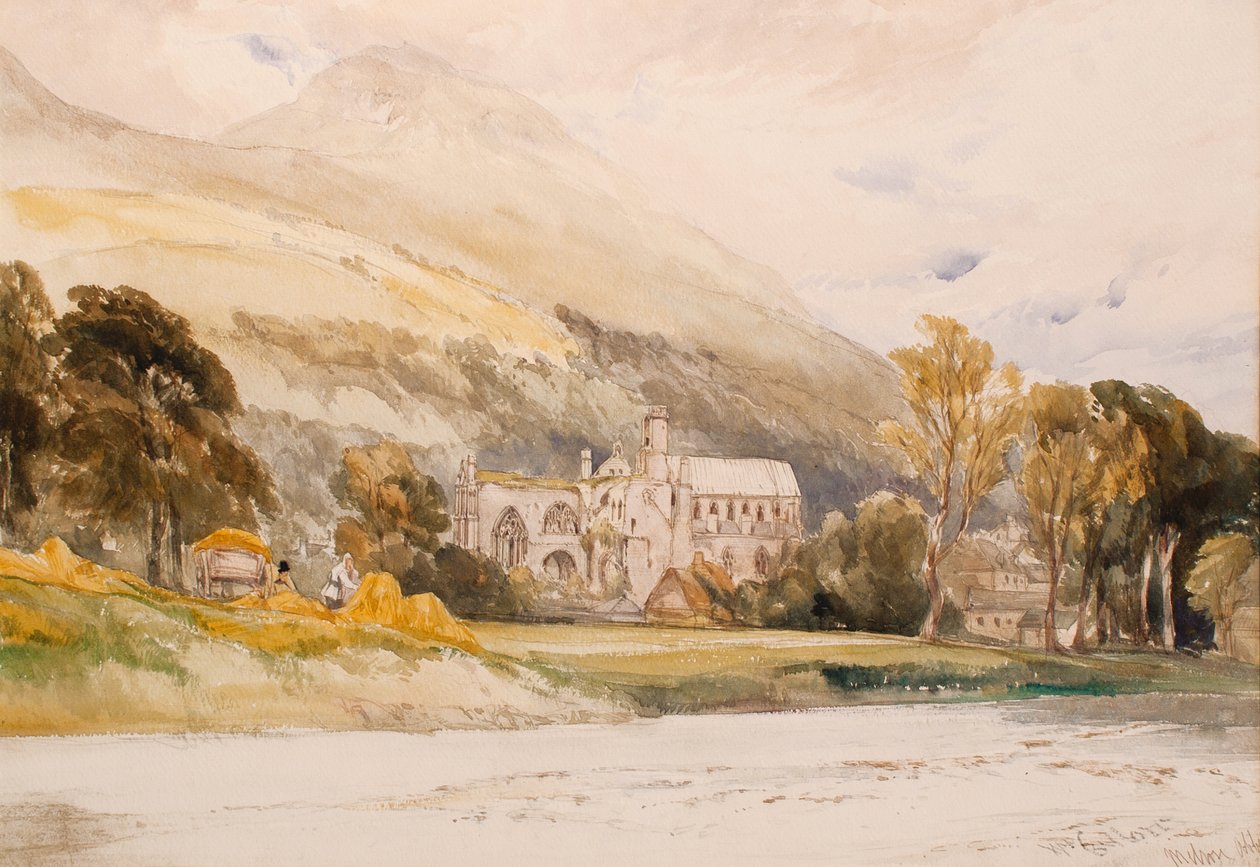 Skotlanti: Melrose Abbey, 1842 (kynä ja wc paperilla) tekijältä William Callow