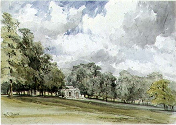 Näkymä Kensington Gardensissa, jossa näkyy Temple Cottage tekijältä William Callow