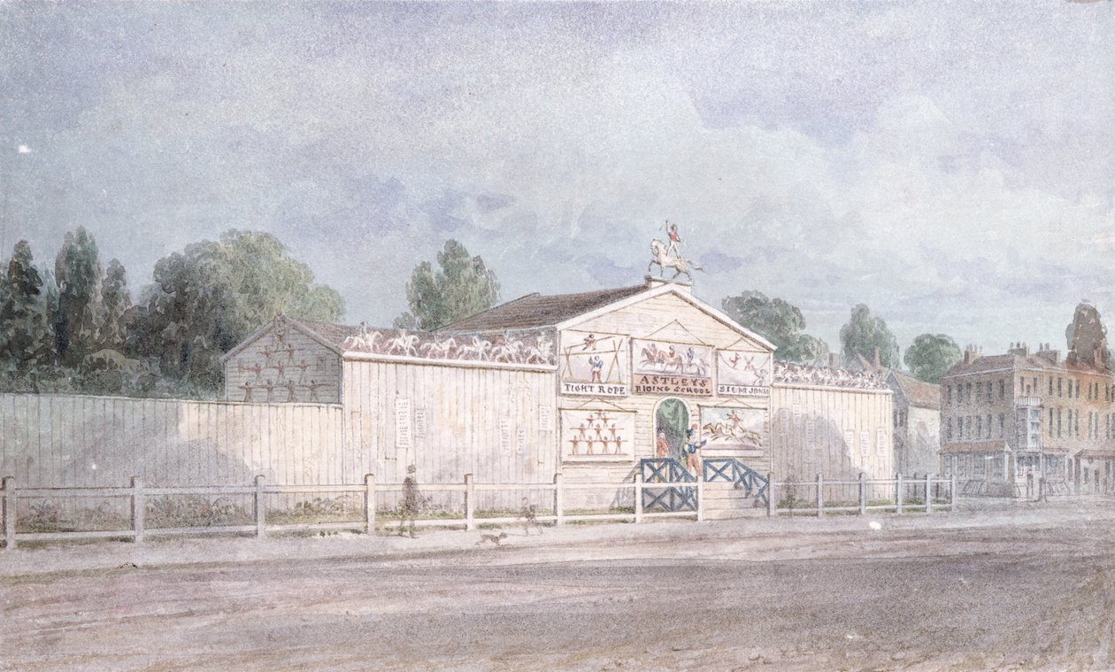 Ulkokuva Astleyn amfiteatterista, 1777 tekijältä William Capon