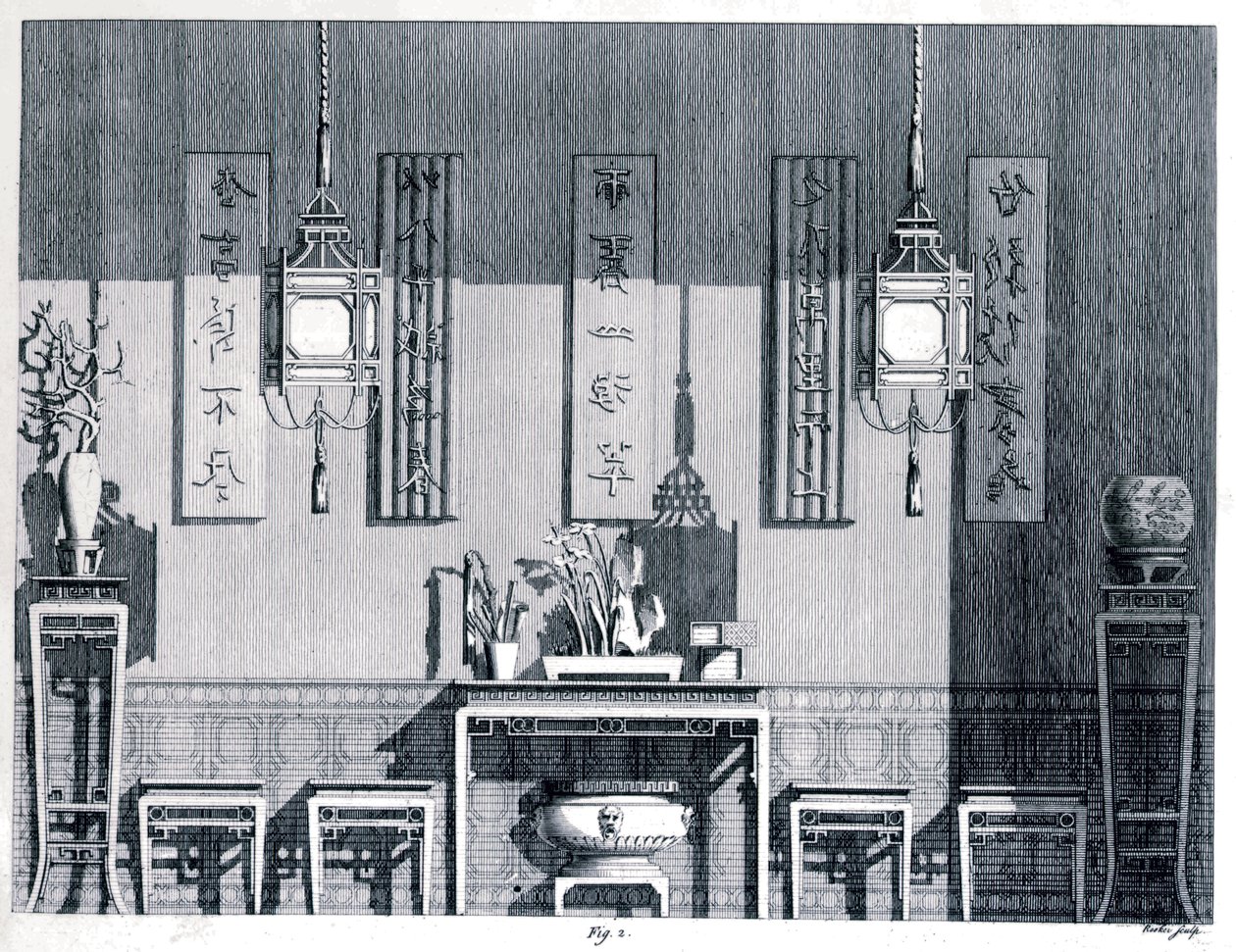 Sisustus, Chambers, Sir William (1723-96), Designs of Chinese Buildings, 1759, mustavalkoinen kaiverrus tekijältä William Chambers