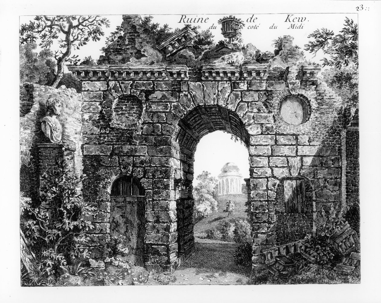 Rauniot keskellä Kew Gardensia, Sir William Chambersin teoksesta The Garden and Buildings at Kew in Surry, julkaistu 1763, sellaisena kuin se julkaistiin uudelleen teoksessa Jardins Anglo-Chinois a la Mode, kirjoittaja George Louis le R tekijältä William Chambers