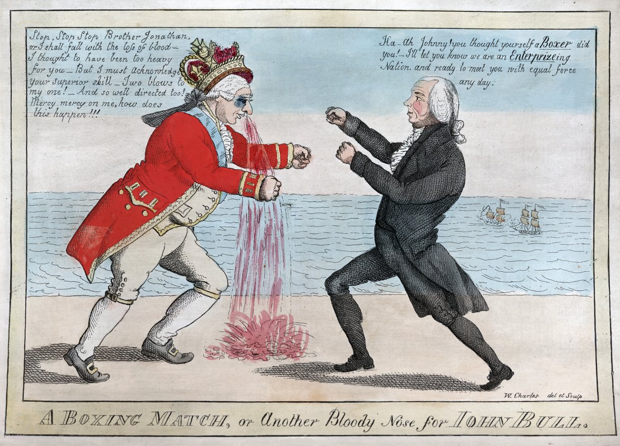 Nyrkkeilyottelu tai toinen verinen nenä John Bullille, pub. 1813 (käsinvärinen kaiverrus) tekijältä William Charles