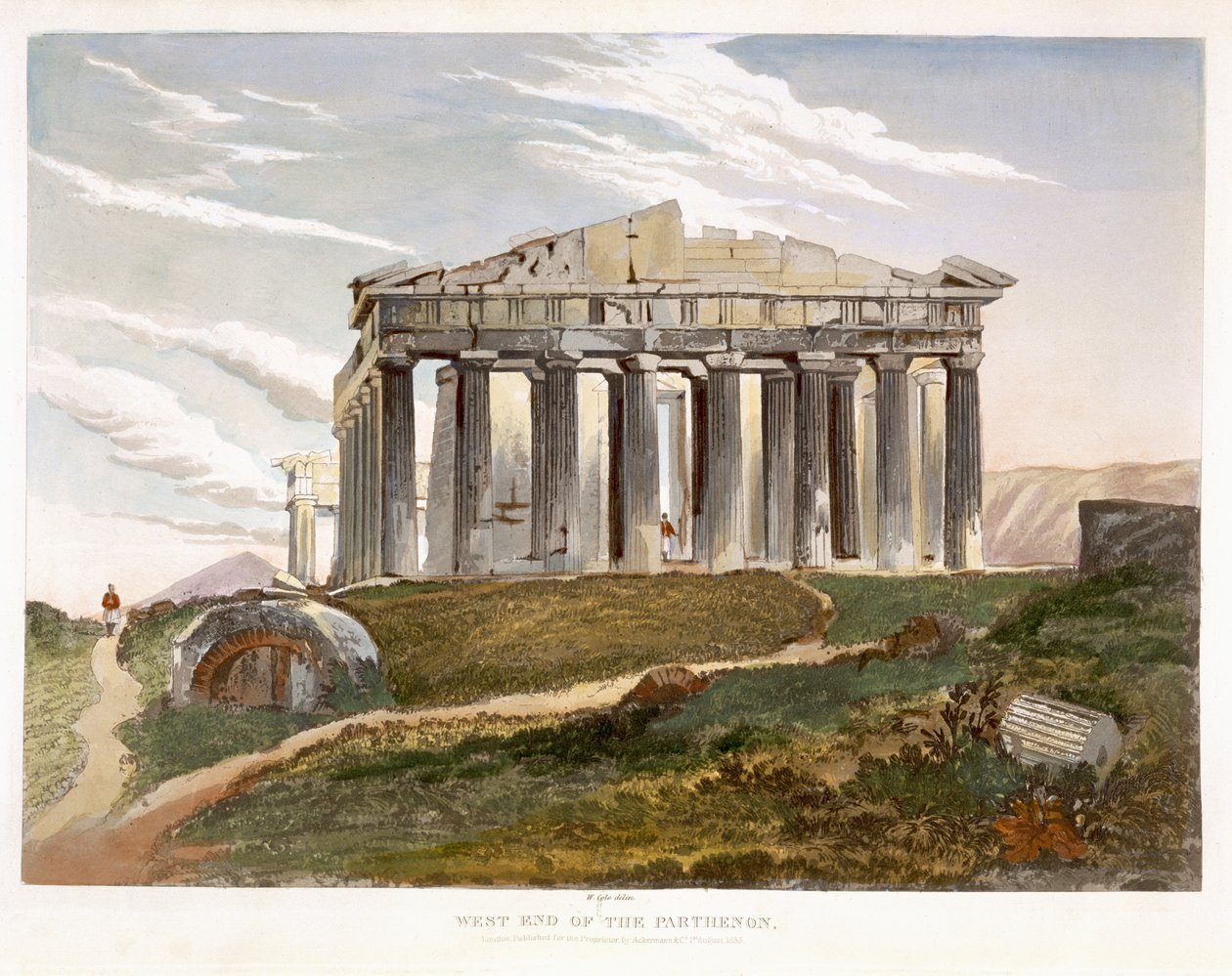 Parthenonin länsipää, julkaisusta "Select Views of the Remains of Ancient Monuments In Greece", julkaisija Ackermann, Lontoo, 1835 tekijältä William Cole