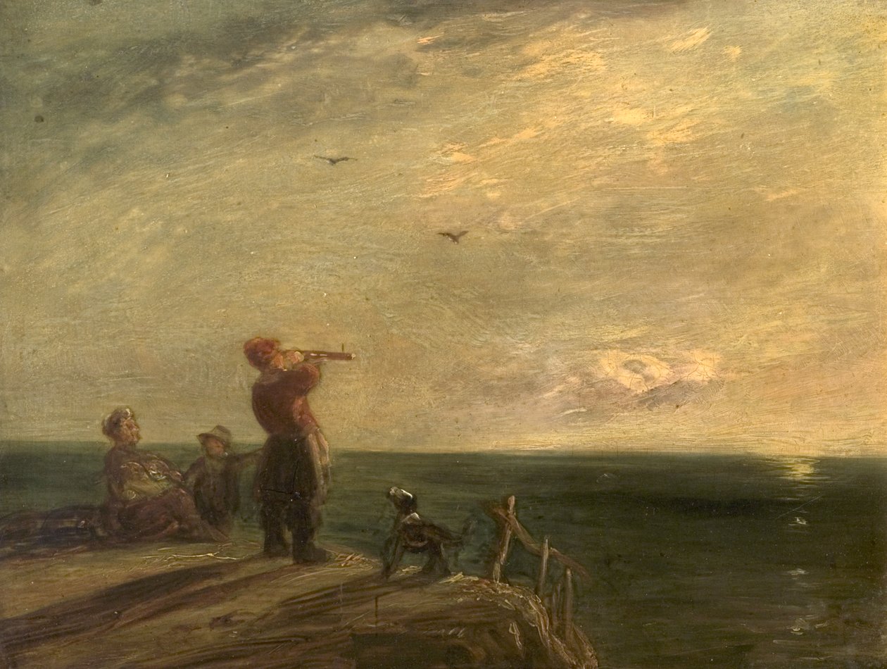 Merimaisema hahmoilla ja koiralla, auringonlasku tekijältä William Collins