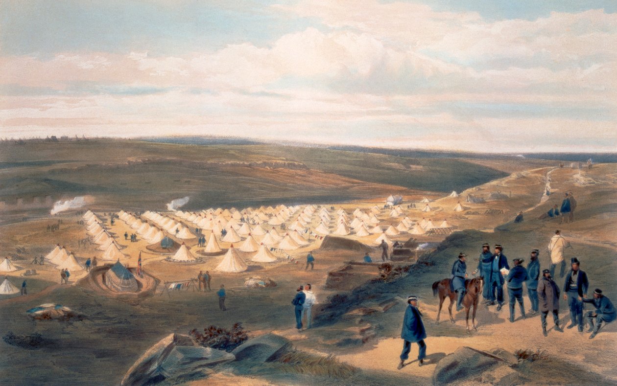 Merivoimien prikaatin leiri, levy teoksesta "The Seat of War in the East", julkaisija Paul ja Dominic Colnaghi ja kumppanit, 1856. tekijältä William Crimea Simpson