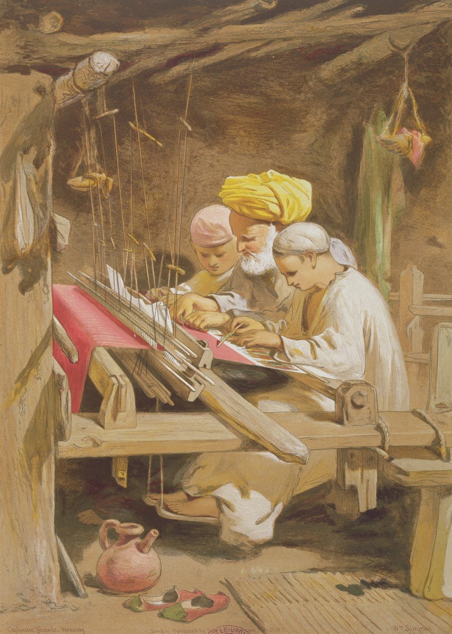 Cashmere-huivit: Kudonta, 1863 (chromolitho) tekijältä William Crimea Simpson