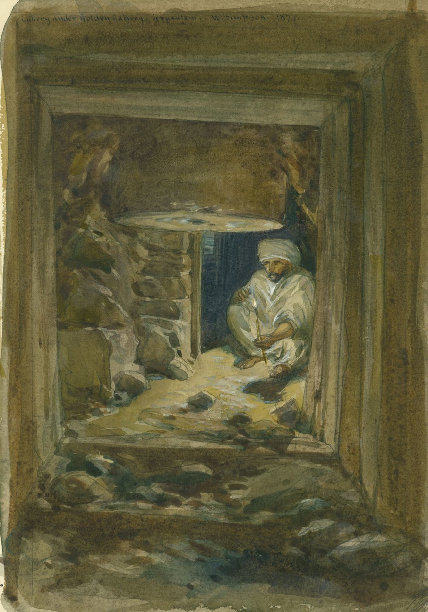 Galleria Golden Gatewayn alla, Jerusalem, 1871 (wc ja kynä paperille) tekijältä William Crimea Simpson