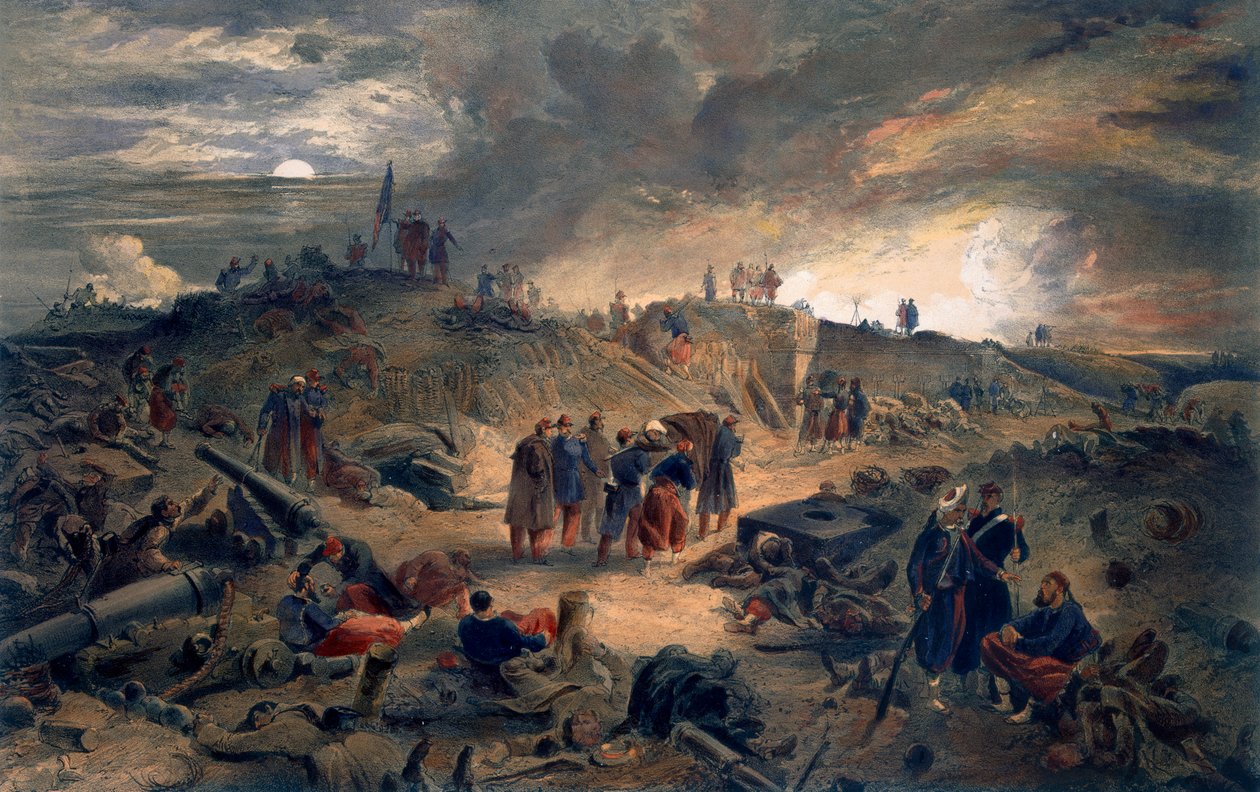 Malakoffin sisätilat, laatta teoksesta "The Seat of War in the East", julkaisija Paul ja Dominic Colnaghi und Co., 1856. tekijältä William Crimea Simpson