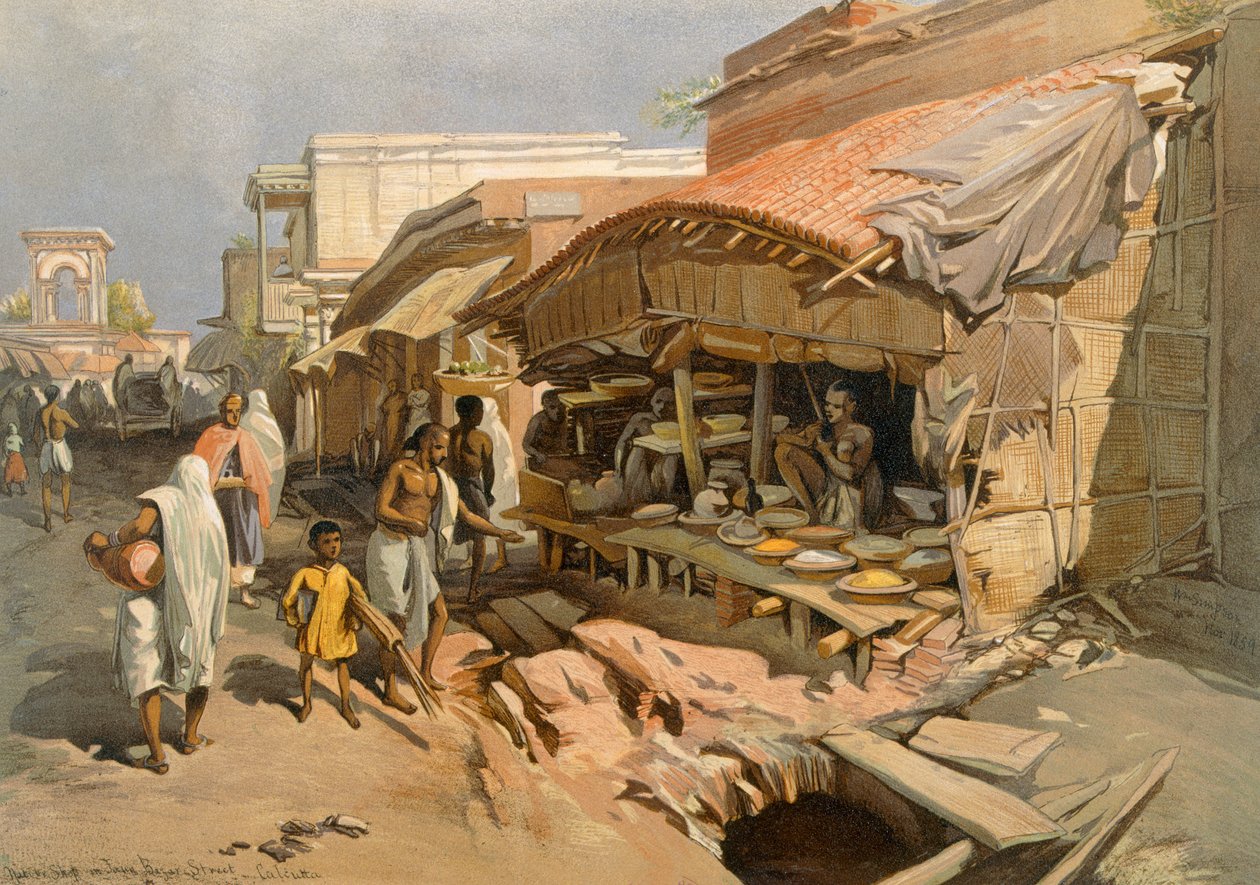 Alkuperäinen kauppa Calcutta Bazaarissa, Intian muinainen ja moderni, 1867 tekijältä William Crimea Simpson