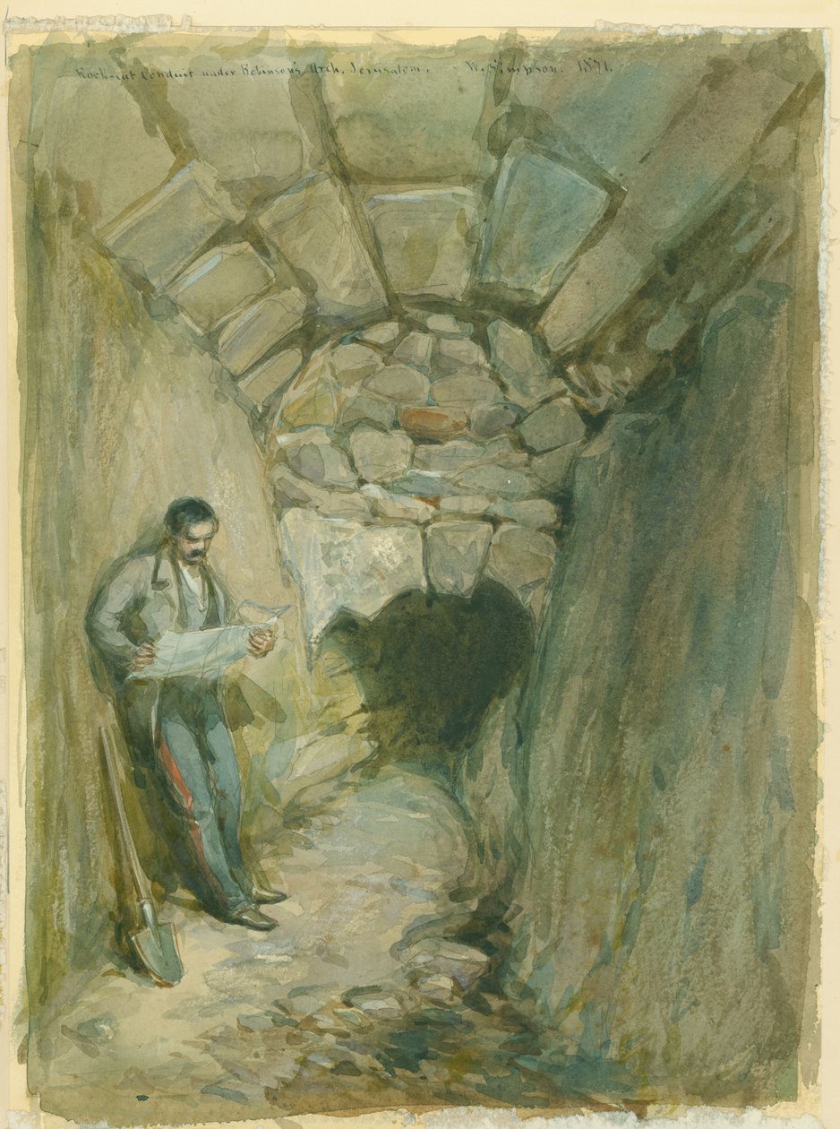 Kivestä leikattu putki Robinsonin kaaren alla, Jerusalem, 1871 (wc ja kynä paperille tekijältä William Crimea Simpson