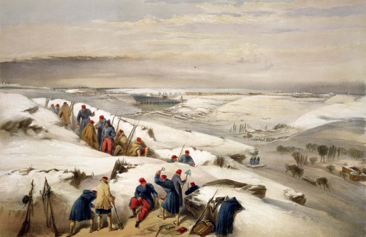 Sebastopol haudan hyökkäyksen äärioikealta, levy "The Seat of War in the East" -julkaisusta, julkaisija Colnaghi and Co., 1856 tekijältä William Crimea Simpson