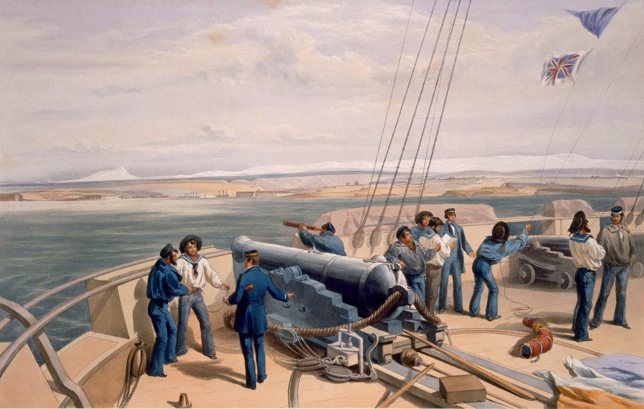 Sebastopol mereltä katsottuna, levy teoksesta "The Seat of War in the East", julkaisija Colnaghi and Co., 1856 (käsin väritetty litografia). tekijältä William Crimea Simpson