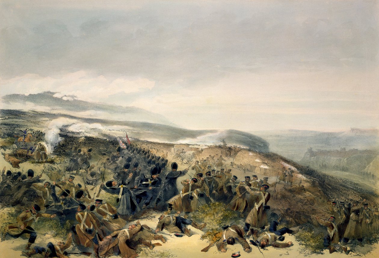 Toinen vartijoiden panos Inkermanissa, 5. marraskuuta 1854, levy "The Seat of War in the East" -julkaisusta, julkaisija Colnaghi and Co., 1856 tekijältä William Crimea Simpson