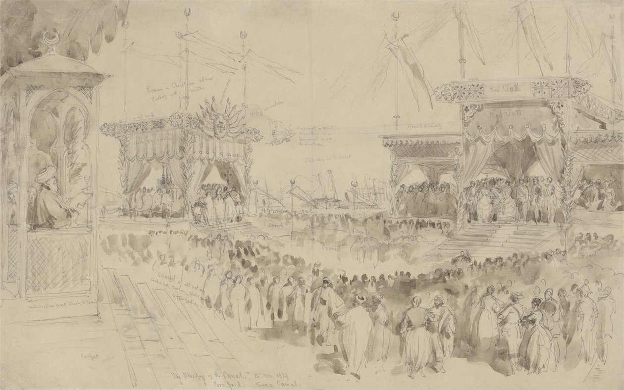 Suezin kanavan siunaus, 1869 (grafiitti ja ruskea pesu paperilla) tekijältä William Crimea Simpson
