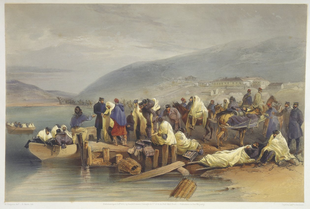 The Ebarkation of the Sick at Balaklava, levy "The Seat of War in the East", julkaisija Colnaghi and Co., 1856 tekijältä William Crimea Simpson