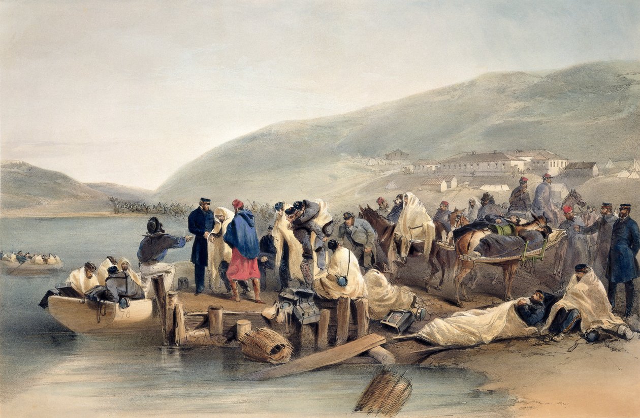 The Ebarkation of the Sick at Balaklava, levy "The Seat of War in the East", julkaisija Colnaghi and Co., 1856 tekijältä William Crimea Simpson