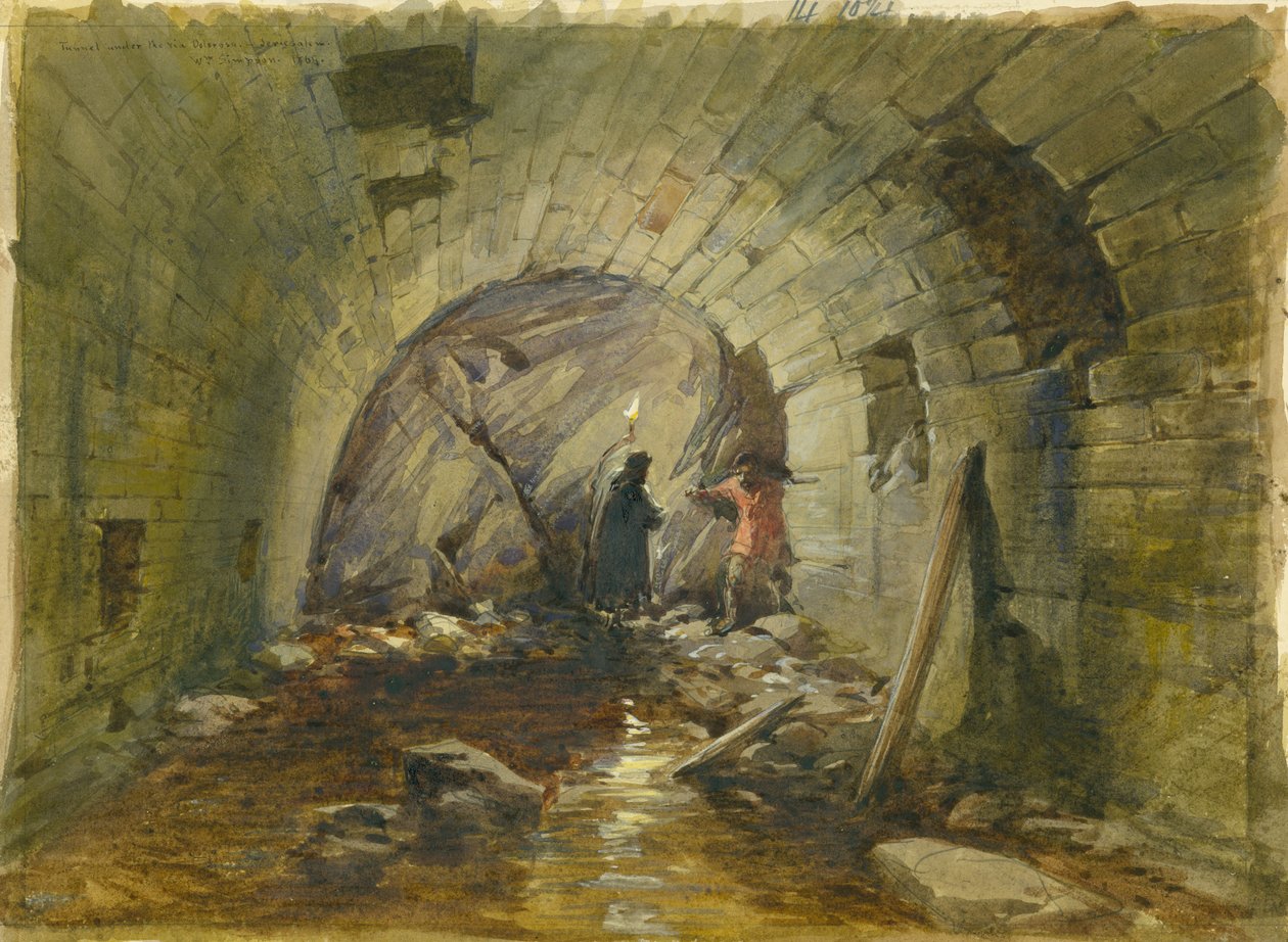Tunneli Via Dolorosan alla, Jerusalem, 1869 (wc ja lyijykynä paperille) tekijältä William Crimea Simpson