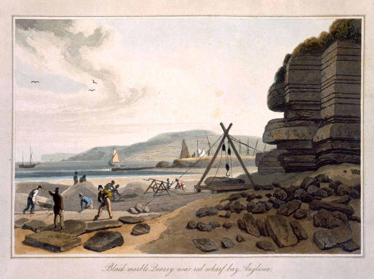 Black Marble Quarry near Red Wharf Bay, Anglesea, vuodelta 1815 peräisin oleva teos "A Voyage Around Around Great Britain Undertaken between the Years 1814 and 1825", julkaistu 1815. tekijältä William Daniell