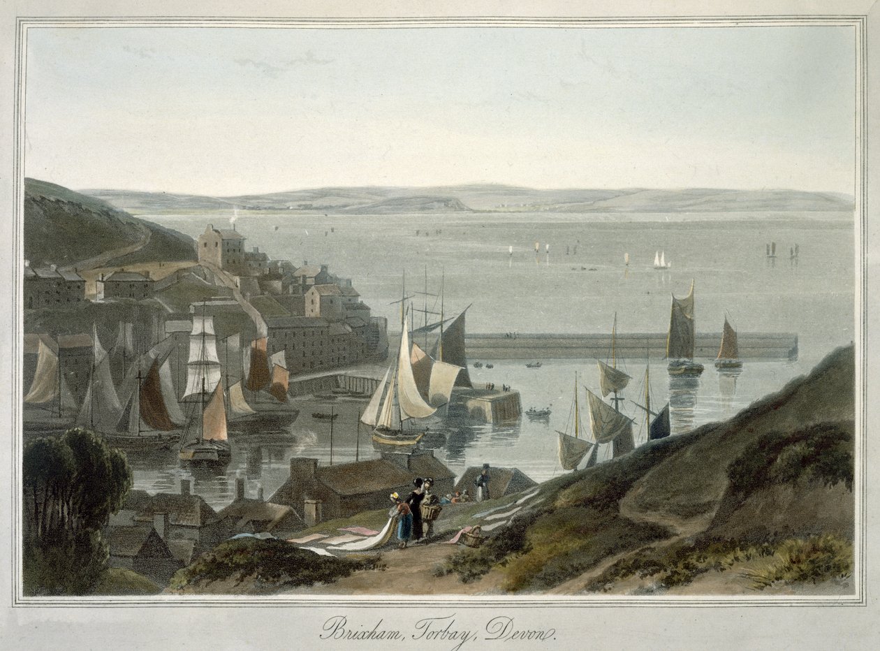 Brixham, Torbay, Devon, VIII osasta "A Voyage Around Britain Undertaken between the Years 1814 and 1825", julkaistu 1825 (akvatinta) tekijältä William Daniell