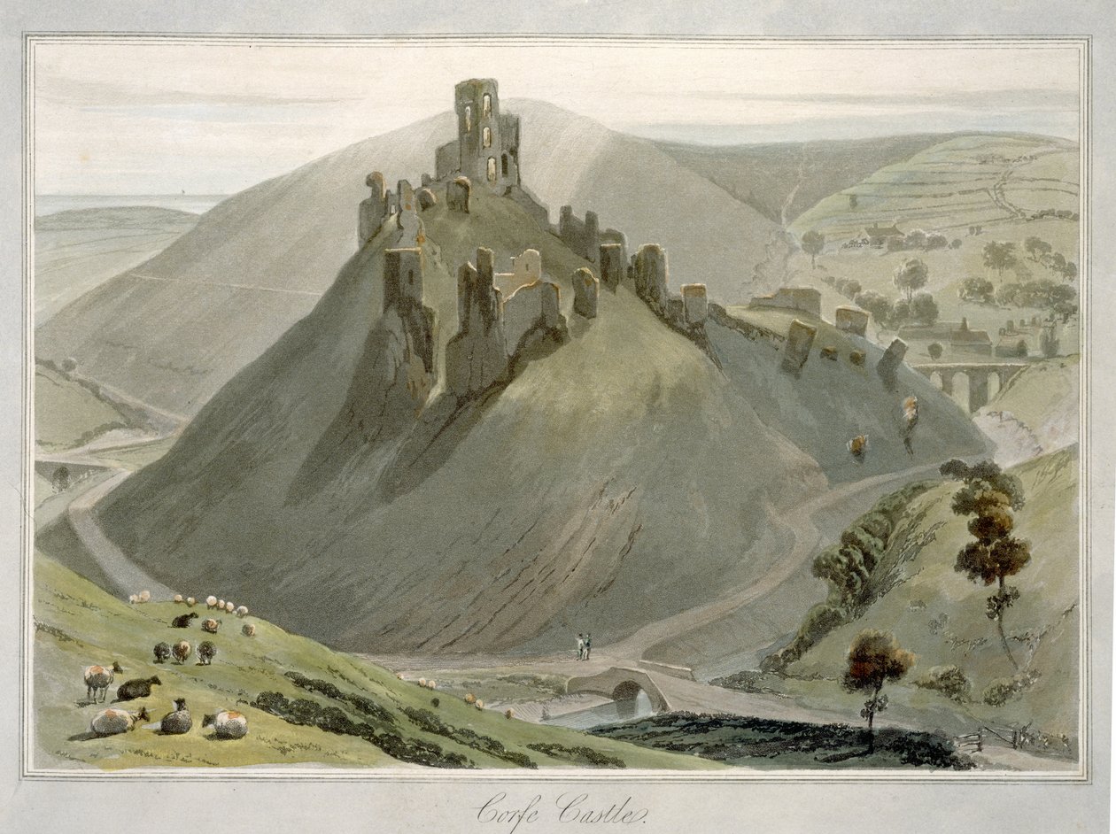 Corfe Castle, teoksesta "A Voyage Around A Great Britain Undertaken between the Years 1814 and 1825", julkaistu 1823 (akvatintta). tekijältä William Daniell