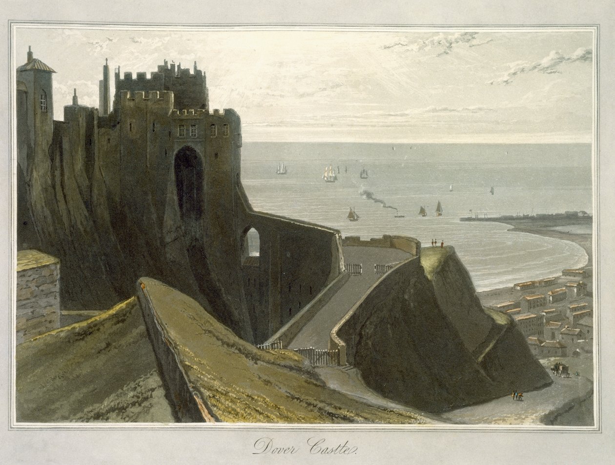 Dover Castle, kirjasta "A Voyage Around Great Britain Undertaken between the Years 1814-1825", julkaistu 1823 tekijältä William Daniell