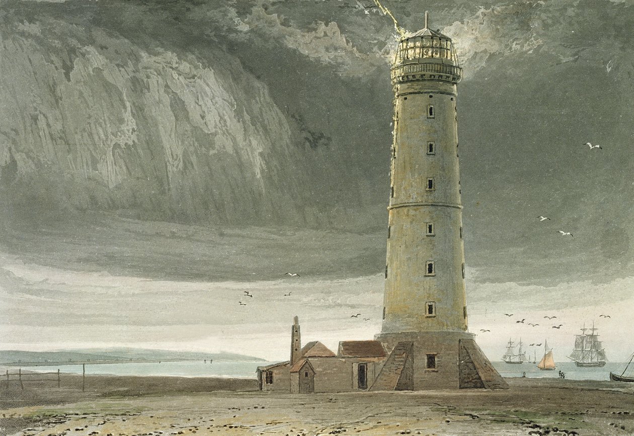 Dungeness Lighthouse, teoksesta "A Voyage Around Great Britain Undertaken Between the Years 1814-1825", julkaistu 1829 (käsinvärinen kaiverrus) tekijältä William Daniell