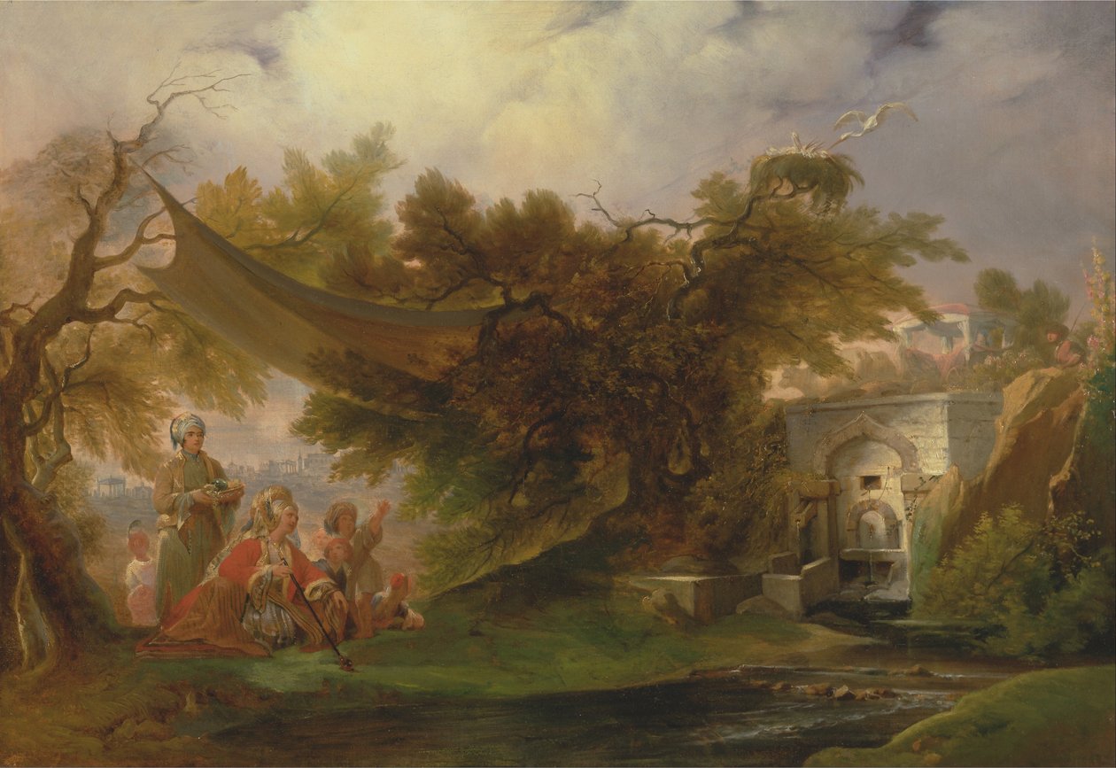 Intialainen maisema hahmoineen lähellä virtaa tekijältä William Daniell