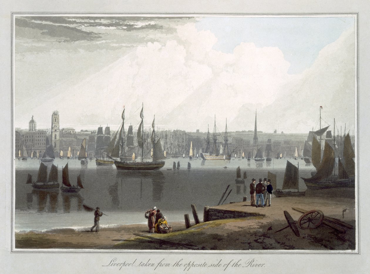 Liverpool, otettu joen toiselta puolelta, osasta II teoksesta "A Voyage Around Britain Undertaken between the Years 1814-1825", julkaistu 1815. tekijältä William Daniell