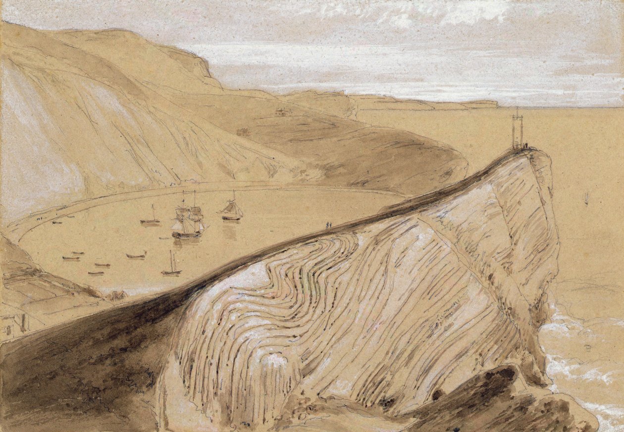 Lulworth Cove (wc, guassi ja grafiitti beigellä kudottupaperilla) tekijältä William Daniell