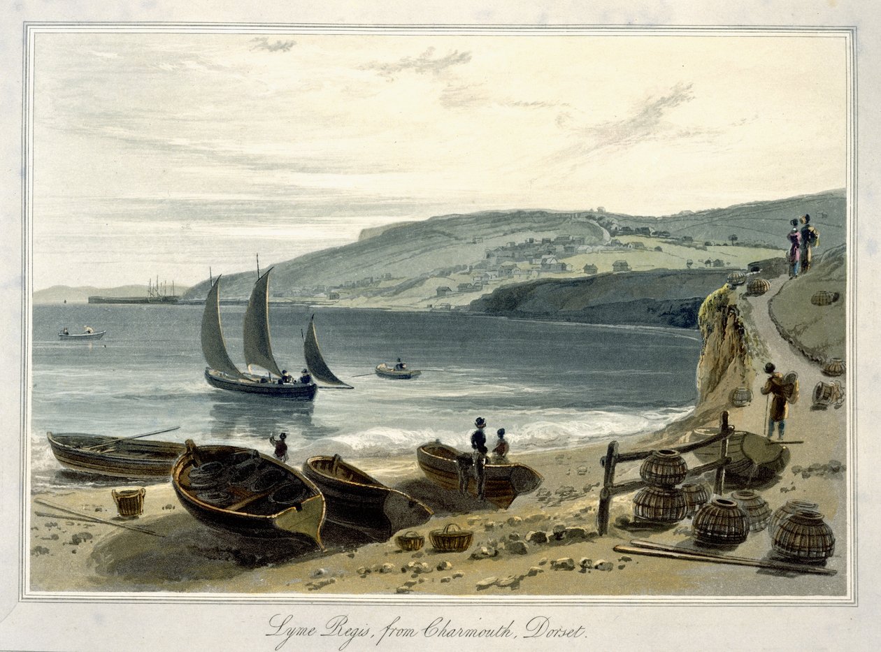 Lyme Regis, Charmouth, Dorset, teoksesta "Vuosien 1814 ja 1825 välillä tehty matka Iso-Britannian ympäri" (akvatinta) tekijältä William Daniell
