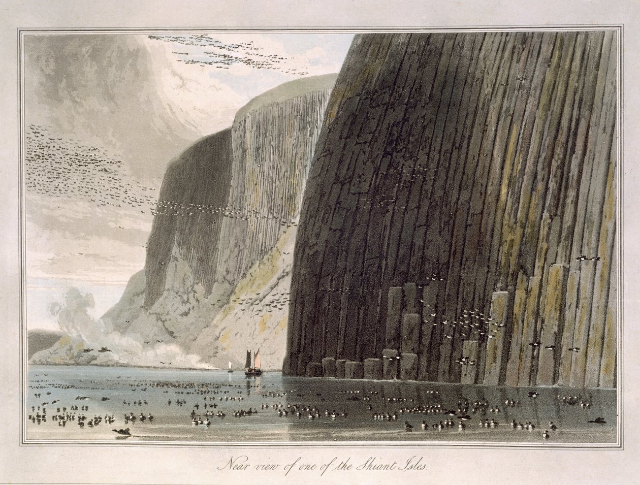 Lähellä näkymää yhdelle Shiant Isles -teoksesta "Matka Iso-Britannian ympäri, tehty vuosien 1814 ja 1825 välillä", julkaistu 1829 tekijältä William Daniell