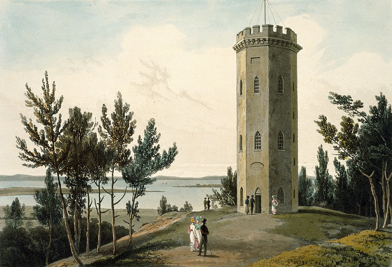 Nelsonin torni, Forres, teoksesta "Vuosien 1814 ja 1825 välillä tehty matka Iso-Britannian ympäri", julkaistu 1821 tekijältä William Daniell