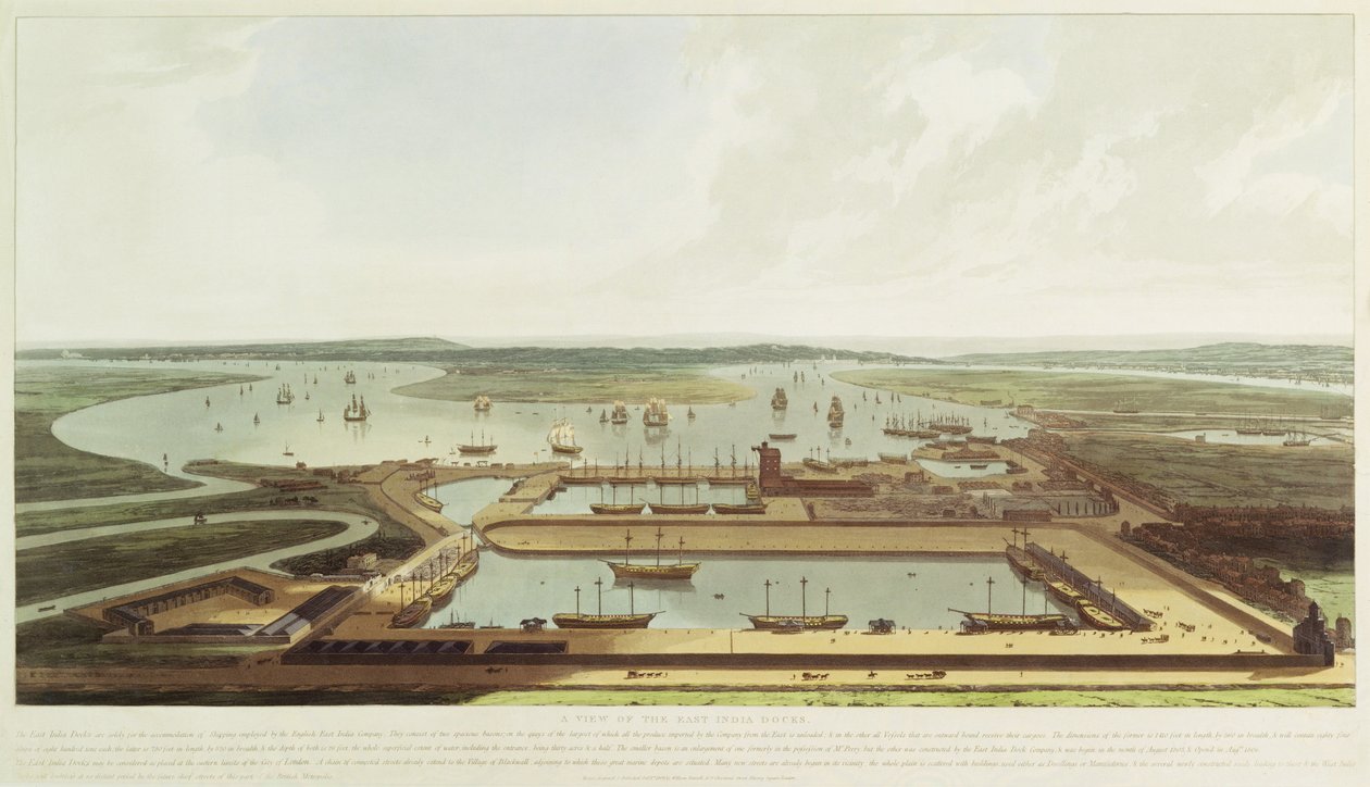 Uusi Dock, Wapping, 1808 (käsinvärinen akvatinta) tekijältä William Daniell