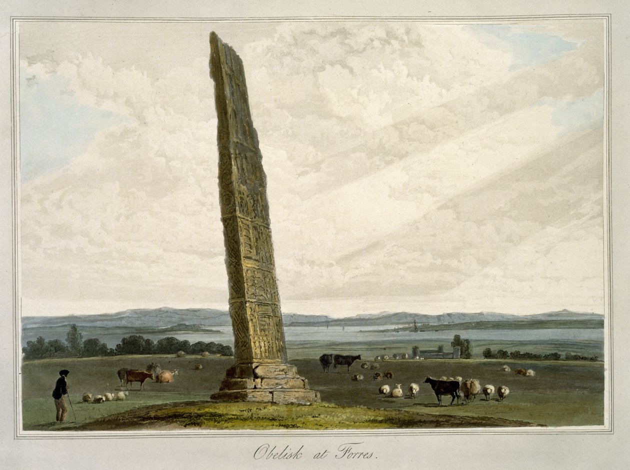Forresin obeliski, kirjasta "A Voyage Around A Great Britain Undertaken between the Years 1814 and 1825", julkaistu 1821. tekijältä William Daniell