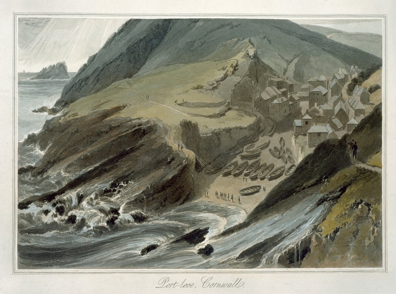Port Looe, Cornwall, teoksesta "Vuosien 1814 ja 1825 välillä tehty matka Iso-Britannian ympäri" (akvatinta) tekijältä William Daniell