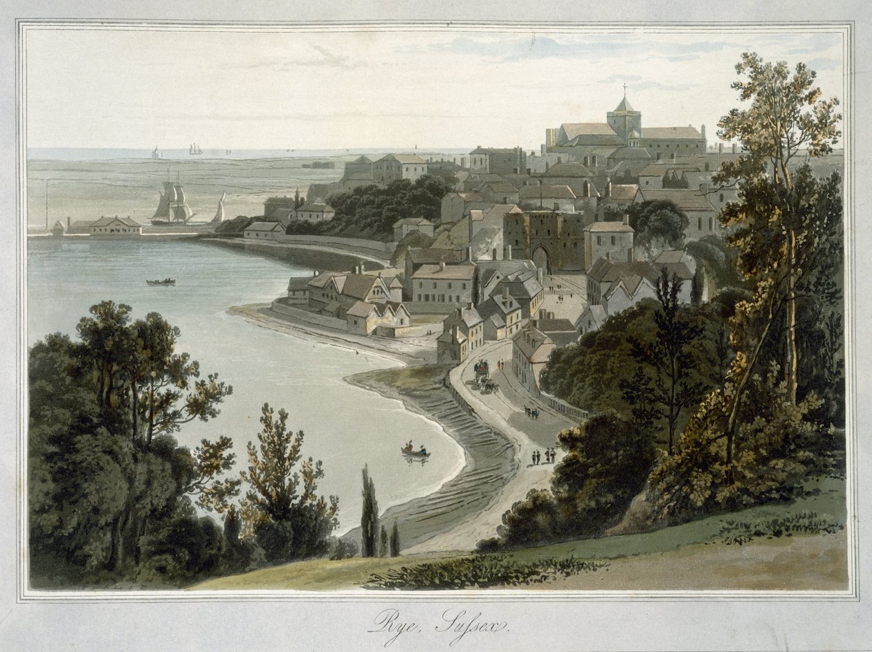 Rye, East Sussex, teoksesta "A Voyage Around Great Britain Undertaken between the Years 1814-1825", julkaistu 1823 tekijältä William Daniell