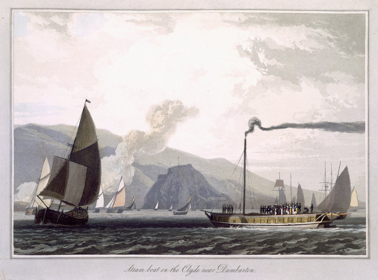 Höyrylaiva Clydellä lähellä Dumbartonia, vuonna 1829 julkaistusta teoksesta "Vuosien 1814 ja 1825 välillä tehty matka Iso-Britannian ympäri" tekijältä William Daniell