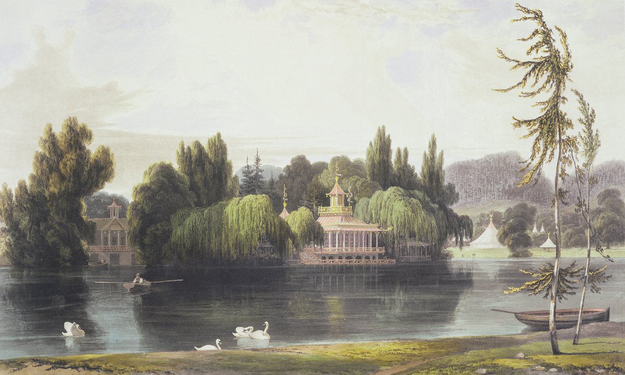 Näkymä Virginia Waterille ja puutarhatemppeleitä, kohteesta "Views of Windsor, Eton and Virginia Water", n. 1828 tekijältä William Daniell