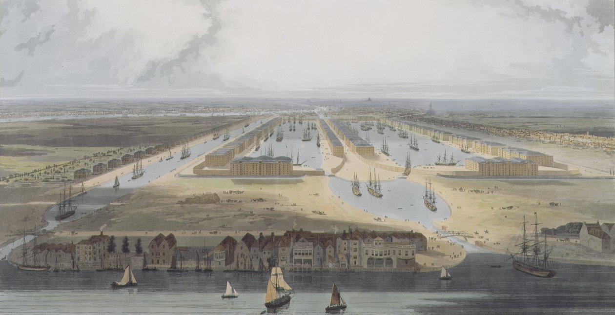 West India Trade Docks, teoksesta "Six Views of the London Docks", 1802 (värillinen akvatinta) tekijältä William Daniell