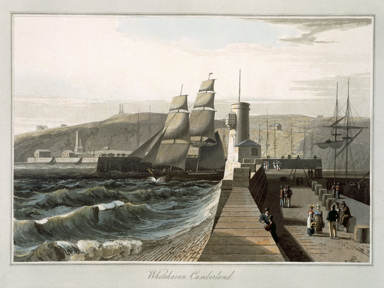 Whitehaven, Cumberland, teoksesta "Vuosien 1814 ja 1825 välillä tehty matka Iso-Britannian ympäri" (akvatinta) tekijältä William Daniell