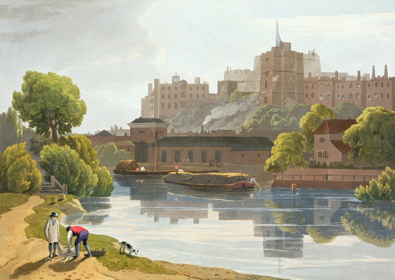 Windsorin linna, kokoelmasta Windsorin, Etonin ja Virginia Waterin näkymistä, n. 1827-30 tekijältä William Daniell