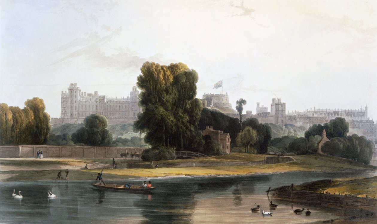 Windsorin linna Thames-joelta Etonissa, "Näkymät Windsorista, Etonista ja Virginia Waterista", n. 1827-30 tekijältä William Daniell