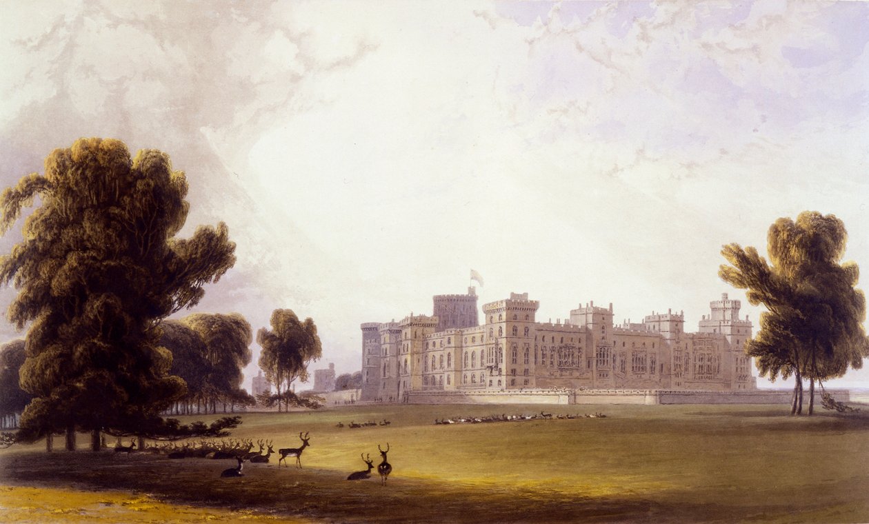 Windsorin linna eteläpäästä, "Näkymät Windsorista, Etonista ja Virginia Waterista", n. 1827-30 (käsinvärinen kaiverrus) tekijältä William Daniell