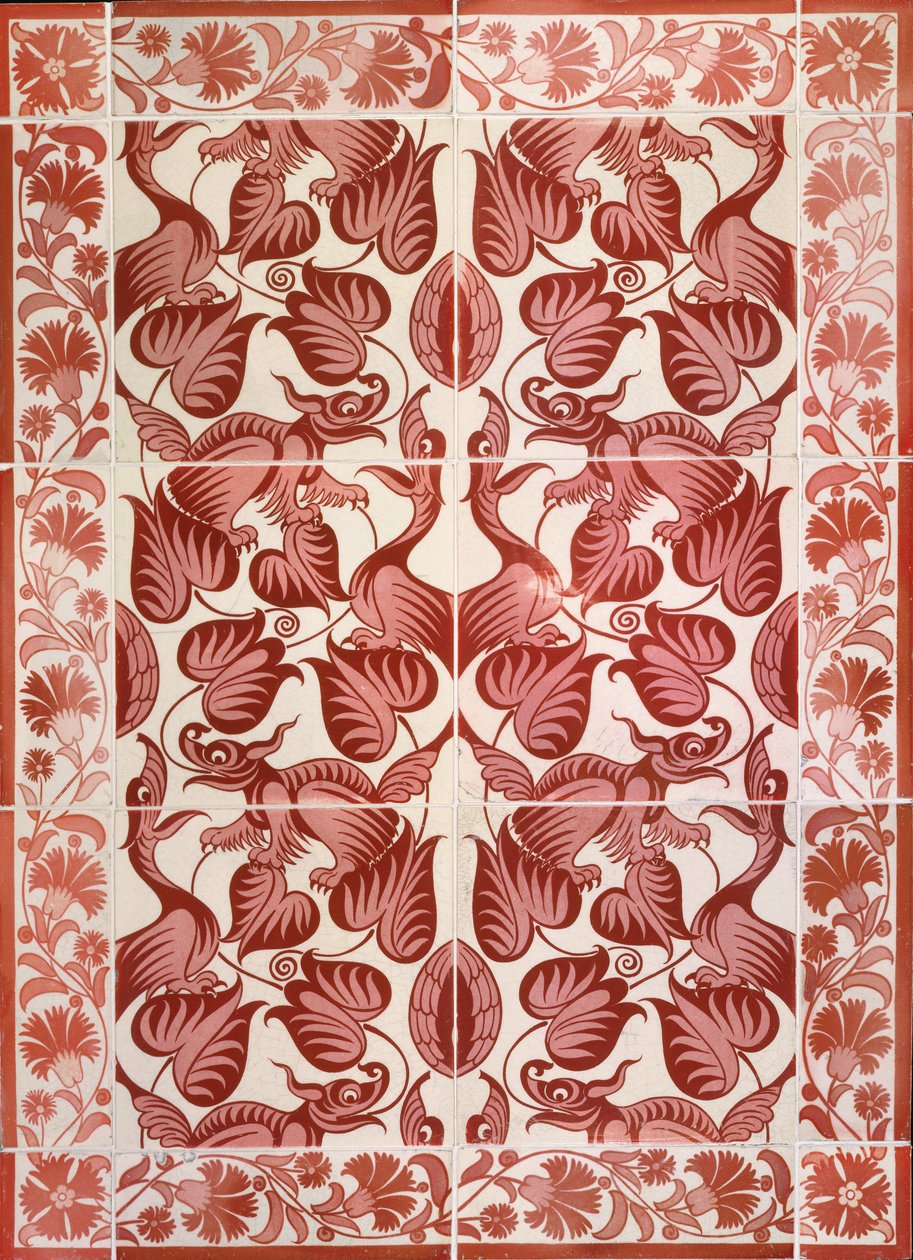C.4-1941 Lintujen, lohikäärmeiden ja lehtien toistuva kuviointilaatta, n. 1882-88 (keramiikka kiiltävällä lasiteella) tekijältä William de Morgan