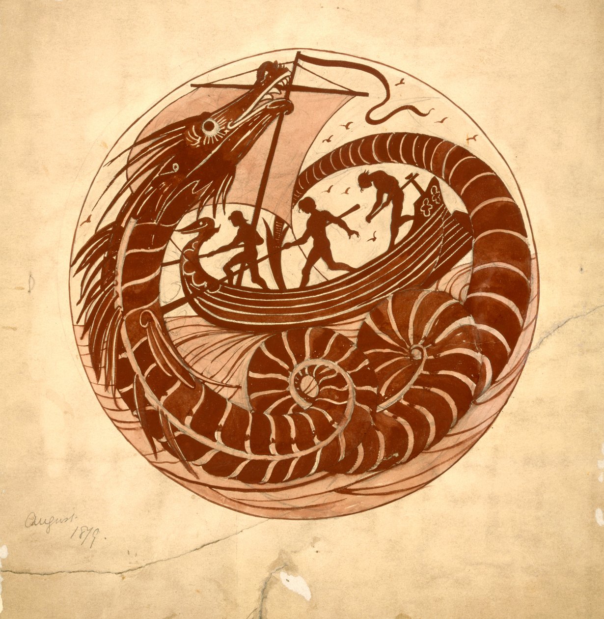 Suunnitelma lautaselle, jossa on merilohikäärme ja vene, 1879 (guassi ja lyijykynä paperille). tekijältä William de Morgan